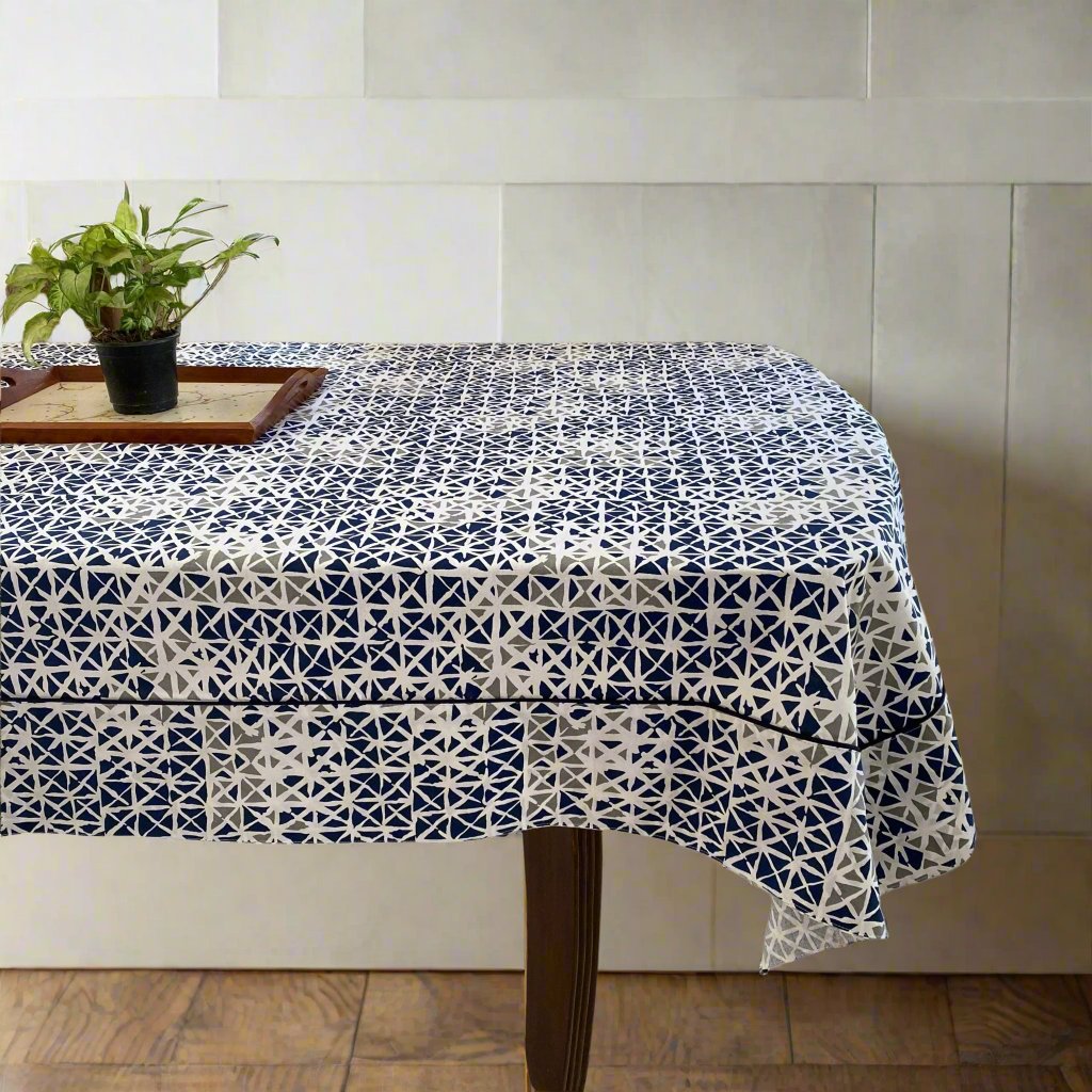 Blue Kaleidoscope 6 Seater Dining Table Cover, 100% Cotton, 60" x 90" - Coral Slub -